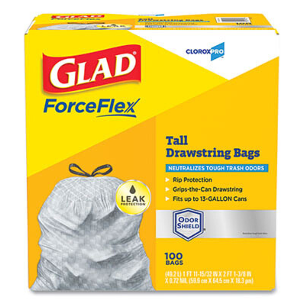 Glad ForceFlex Tall Kitchen Drawstring Trash Bags, 13 gal, 100 per Box, CLO70427