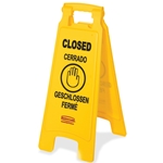 Rubbermaid, Floor Sign with Multi Lingual Closed Imprinted, 2 sided, RUB611278YEL, 6 per case, sold as each