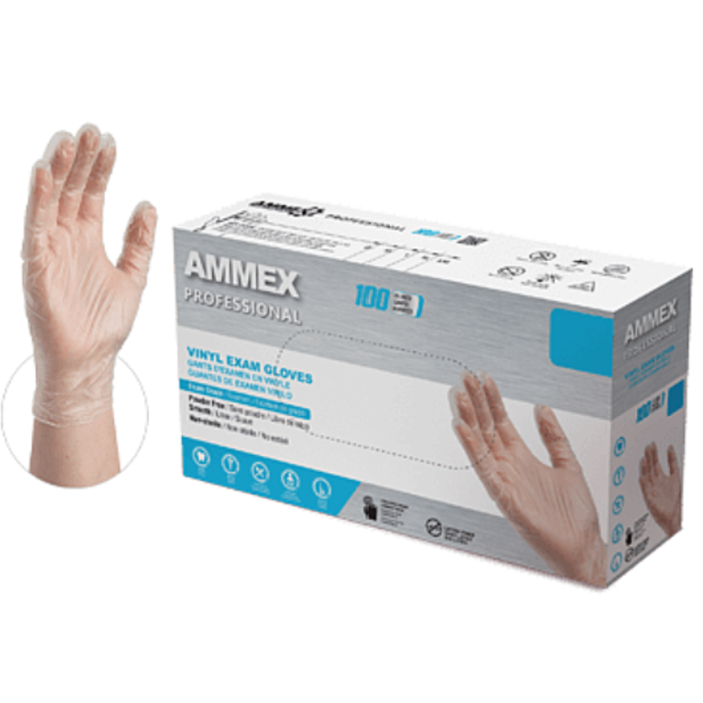 Ammex, Gloves, Vinyl Powder Free, Medical Exam, Large, VPF66100, 100 gloves per box, sold as 1 box