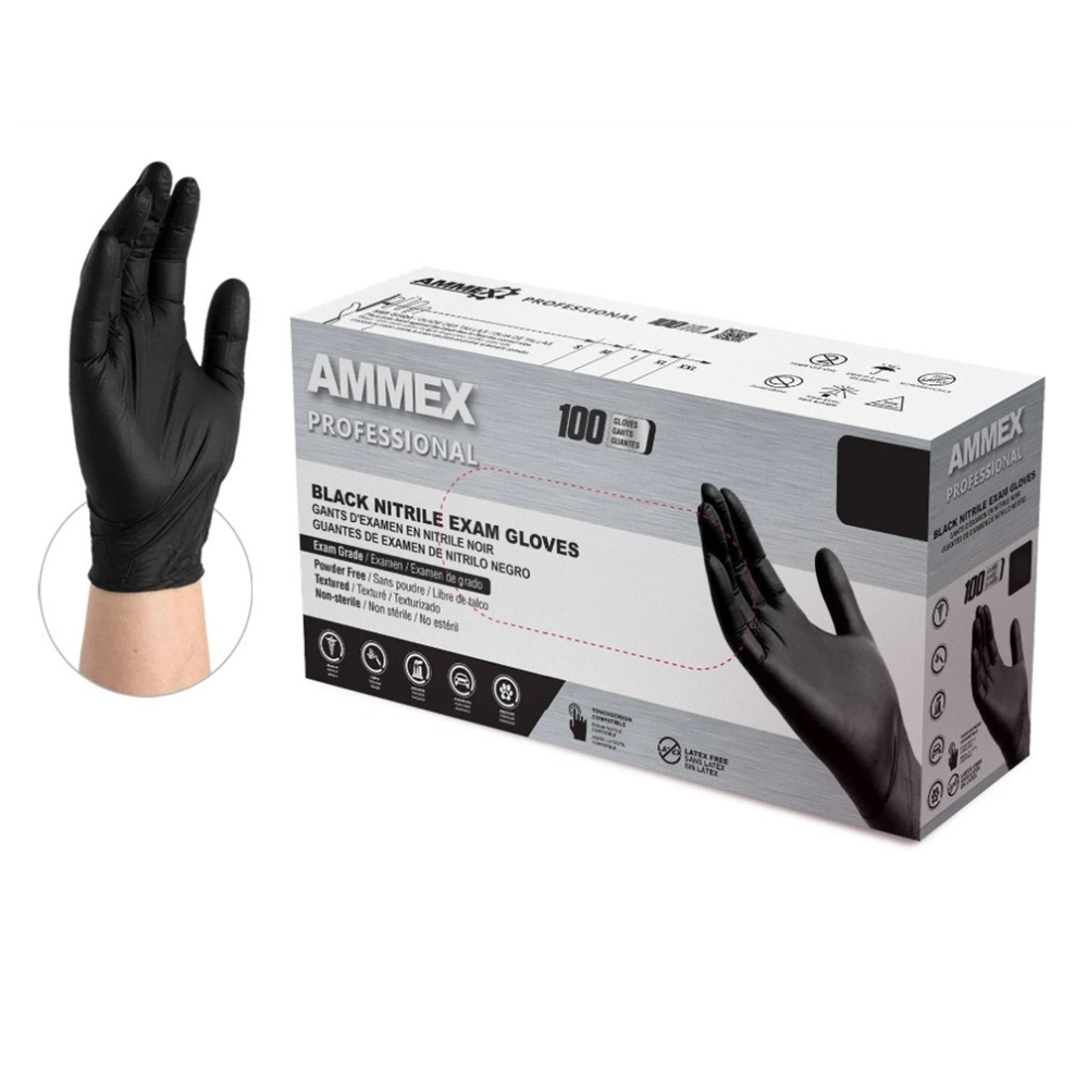 Ammex Glove, Nitrile Powder Free, Medical Exam Grade, Black, Medium, ABNPF44100, 100 gloves per box, sold as 1 box