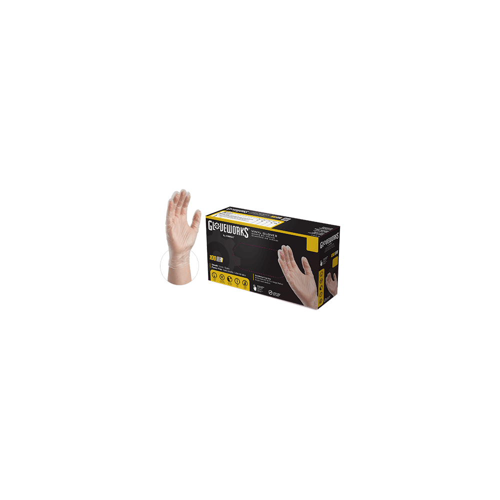 Ammex, Gloves, Gloveworks Industrial Vinyl, Powder Free, Clear, Small, IVPF42100, 100 gloves per box, sold as 1 box