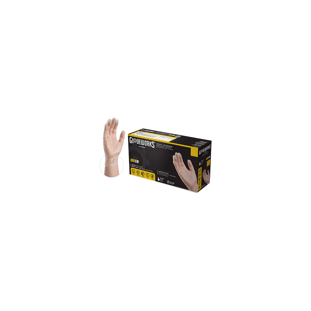 Ammex, Gloves, Gloveworks Industrial Vinyl, Powder Free, Clear, Medium, IVPF44100, 100 gloves per box, sold as 1 box