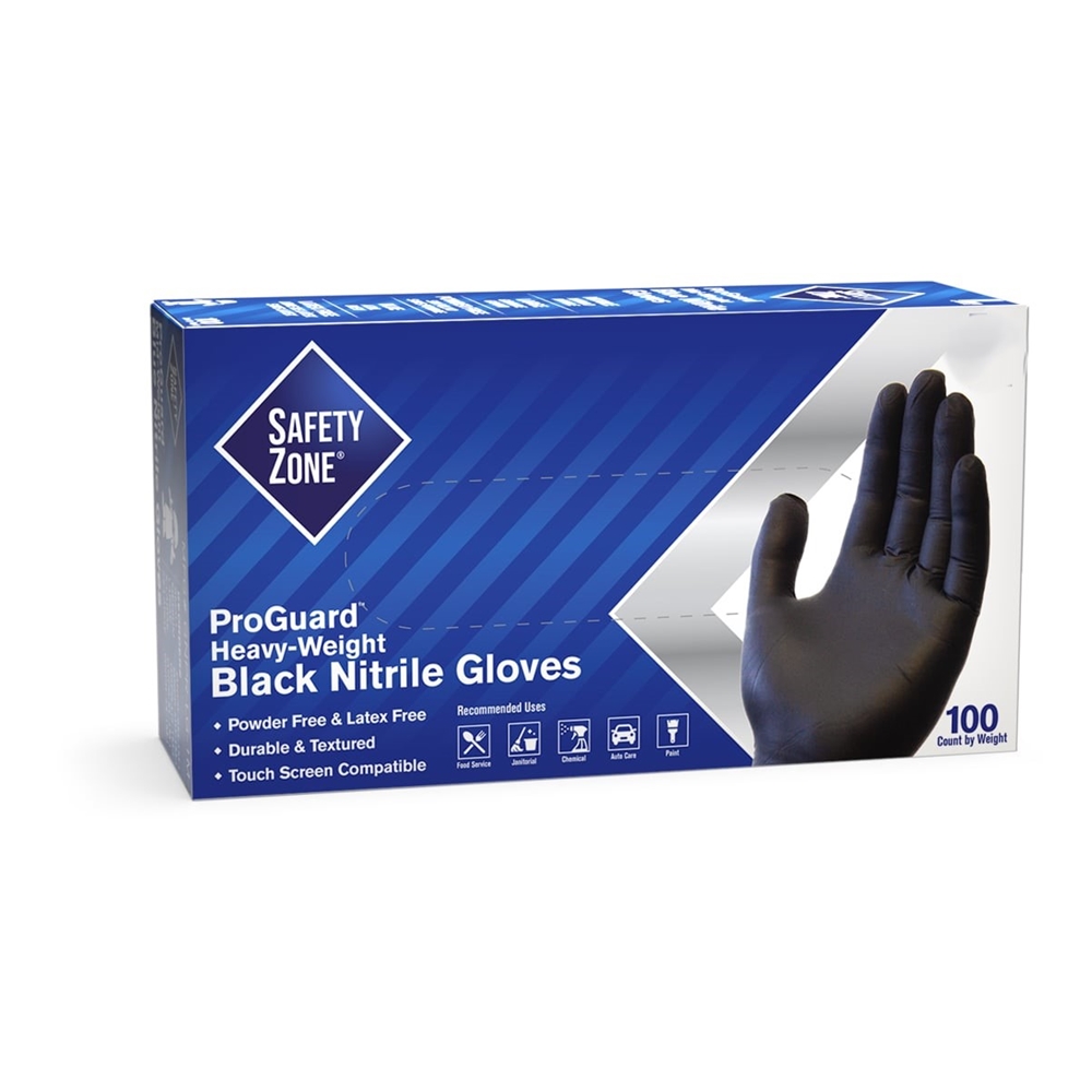 Hillyard, Safety Zone, Gloves, Textured Nitrile, Heavy Duty General Purpose, Powder Free, Black, Medium, HIL30431, 100 gloves per box, sold as 1 box