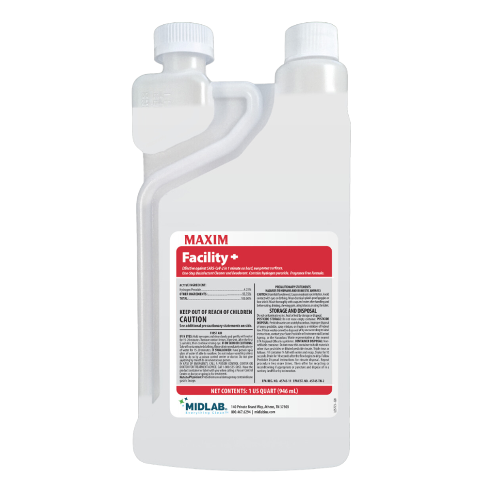 Midlab Maxim, Facility+ One-Step Disinfectant Cleaner & Deodorant, Easy Dilution Solution Quart Concentrate