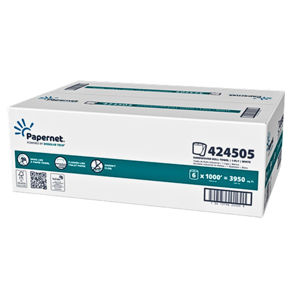 Papernet, Dissolve Tech, Hardwound Paper Towel, 1 Ply, White, Case
