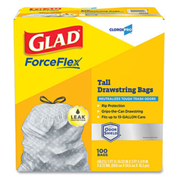 Glad ForceFlex Tall Kitchen Drawstring Trash Bags, 13 gal, 100 per Box, CLO70427